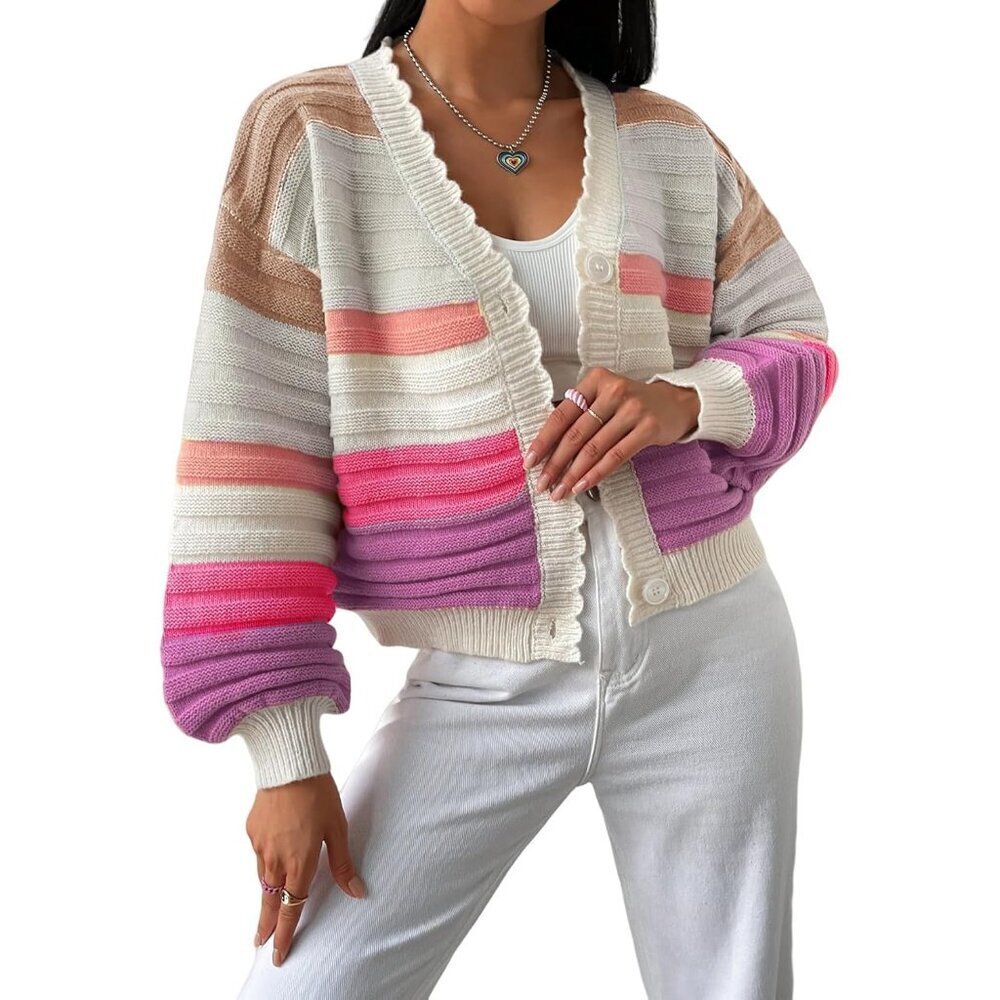 Women's Color Block Striped Lightweight Knit Cardigan Large Versatile Casual